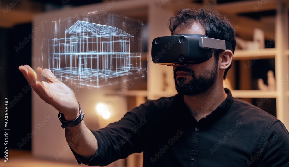 Man Using VR Glasses to Visualize a Holographic House Model for Future Real Estate Planning and Interior Design, Highlighting Immersive Virtual Reality Technology in Construction and Home Design. Man Using VR Glasses to Visualize a Holographic House Model for Future Real Estate Planning and Interior Design, Highlighting Immersive Virtual Reality Technology in Construction and Home Design.