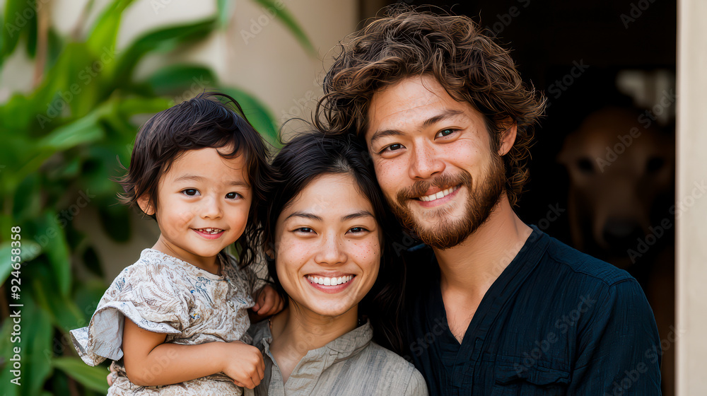 A joyful family portrait featuring a father, mother, and child in a natural setting, embodying love and togetherness. A joyful family portrait featuring a father, mother, and child in a natural setting, embodying love and togetherness.
