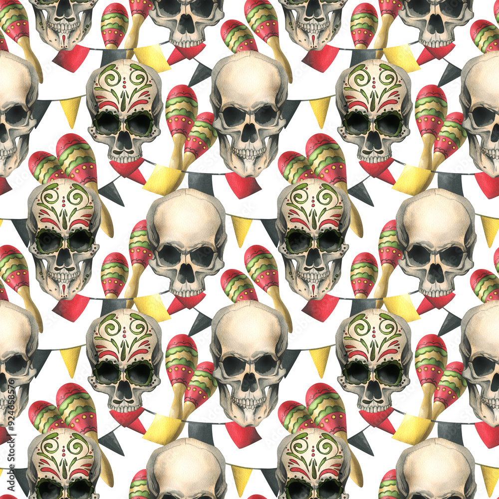Ornamented human skulls with maracas, garland paper flags. Hand drawn watercolor illustration for day of the dead, halloween, Dia de los muertos. Seamless pattern on white background. Ornamented human skulls with maracas, garland paper flags. Hand drawn watercolor illustration for day of the dead, halloween, Dia de los muertos. Seamless pattern on white background.