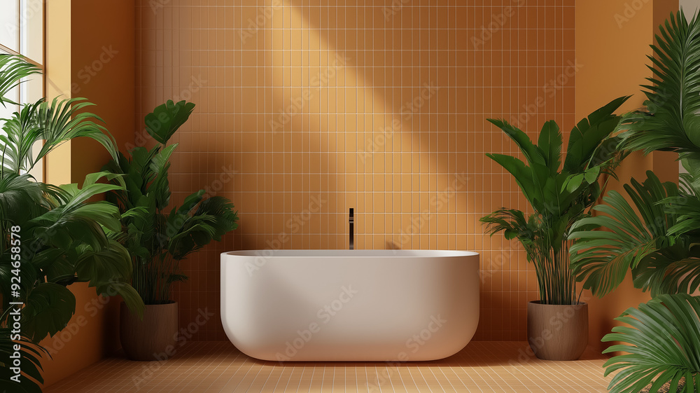 Fototapeta premium A bathroom with Swiss coffee colored tiles a large bathtub and lush green plants creating a spa like environment 