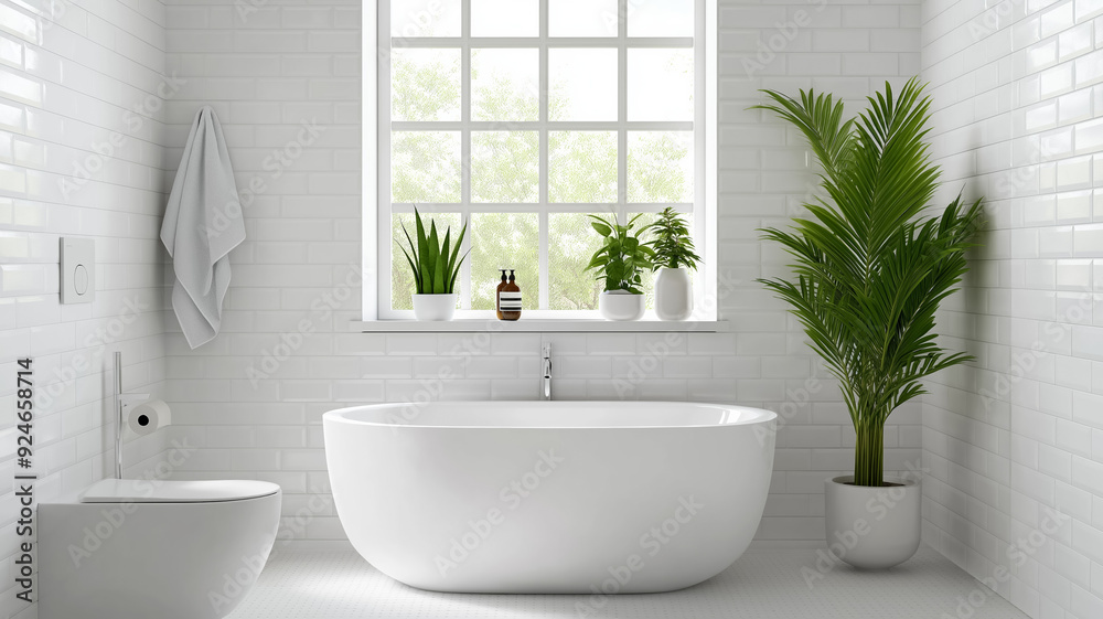 Fototapeta premium A bathroom with vinyl tile flooring white fixtures and natural light offering a practical and clean aesthetic 