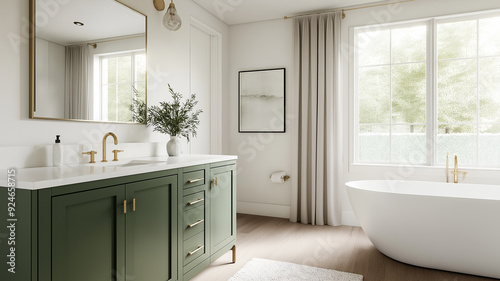 A bathroom with sage green cabinetry white countertops and brass fixtures blending modern and rustic elements 