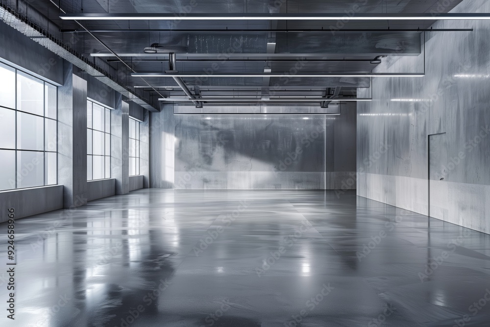 Modern industrial interior of an empty, shiny concrete warehouse with large windows and metal finishes. Concepts of spaciousness, potential commercial use, and industrial architecture. Modern industrial interior of an empty, shiny concrete warehouse with large windows and metal finishes. Concepts of spaciousness, potential commercial use, and industrial architecture.