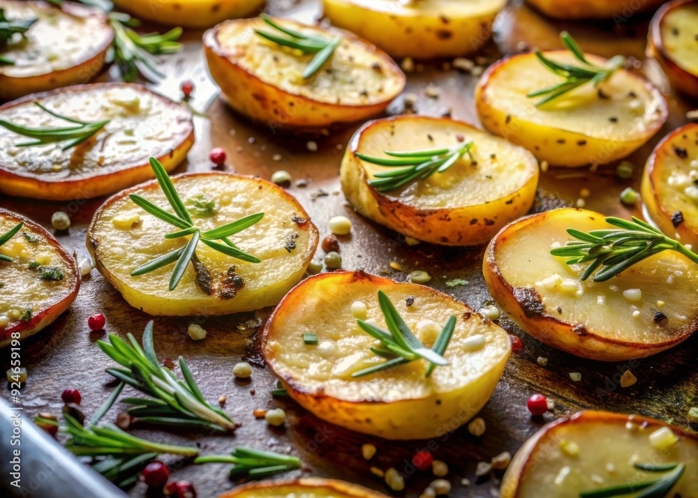 soft focus dramatic close up of sliced potatoes glistening with olive oil and sprinkled with fragrant rosemary on worn baking sheet soft focus dramatic close up of sliced potatoes glistening with olive oil and sprinkled with fragrant rosemary on worn baking sheet