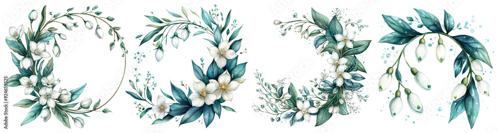 Watercolor Pure White and Teal Snowdrop Garland with Sparkling Snowflake Accents Watercolor collection of hand drawn flowers , Botanical plant illustration transparent background, PNG Watercolor Pure White and Teal Snowdrop Garland with Sparkling Snowflake Accents Watercolor collection of hand drawn flowers , Botanical plant illustration transparent background, PNG