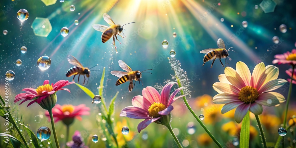 Whimsical morning dew droplets refracting sunlight on delicate flower petals, with busy bees and butterflies dancing around, in a vibrant, lush, and quiet English countryside garden setting. Whimsical morning dew droplets refracting sunlight on delicate flower petals, with busy bees and butterflies dancing around, in a vibrant, lush, and quiet English countryside garden setting.