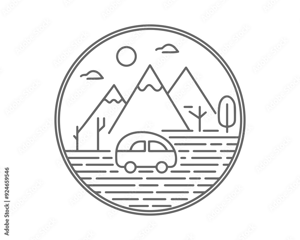 Nature and travel line art boho vector outdoor badge or emblem. Round bohemian logo design. Modern symbol in trendy minimalist lineart style. Perfect for apparel prints or posters. Nature and travel line art boho vector outdoor badge or emblem. Round bohemian logo design. Modern symbol in trendy minimalist lineart style. Perfect for apparel prints or posters.
