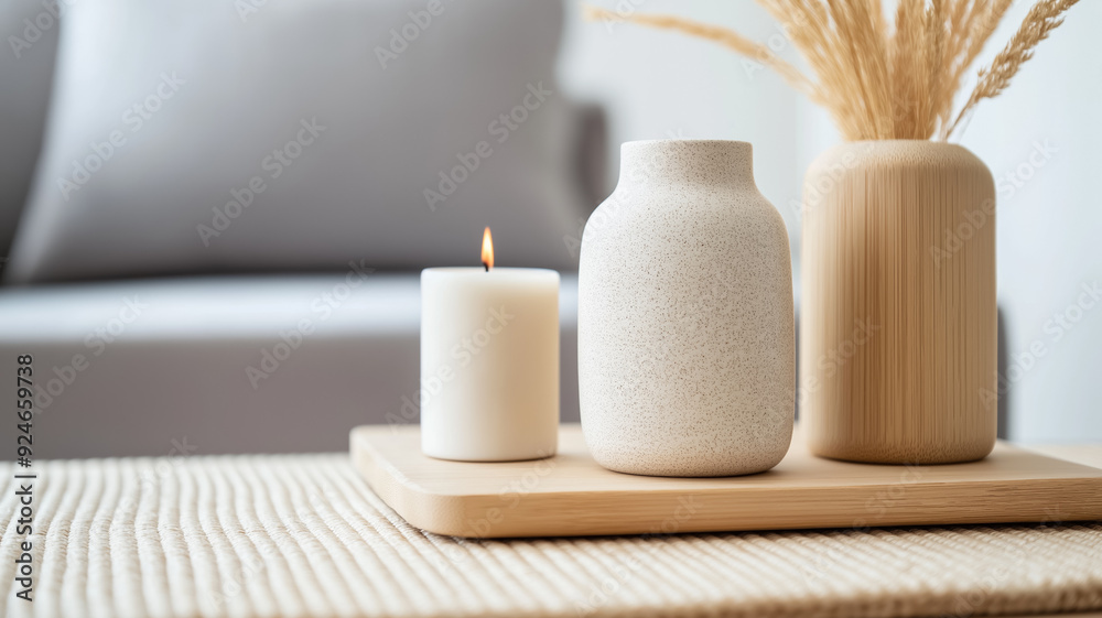 A close up of Scandinavian decor items including ceramic vases wooden candle holders and neutral colored textiles A close up of Scandinavian decor items including ceramic vases wooden candle holders and neutral colored textiles