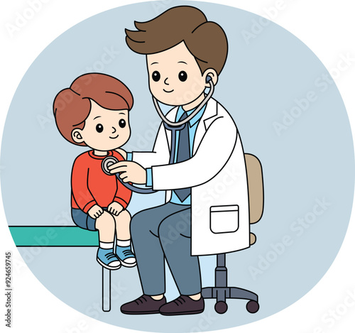 Young male doctor examining a child patient with a stethoscope in a clinic. Doctors Day, Labor Day hand drawn clip art