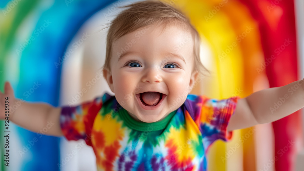 A close up of a baby wearing a tie dye tee giggling and reaching out vibrant colors in focus A close up of a baby wearing a tie dye tee giggling and reaching out vibrant colors in focus