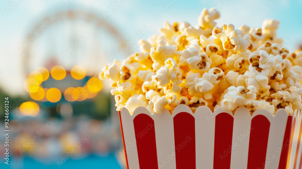 A close up of a popcorn box with an amusement park blurred in the background roller coasters and lights softly visible A close up of a popcorn box with an amusement park blurred in the background roller coasters and lights softly visible