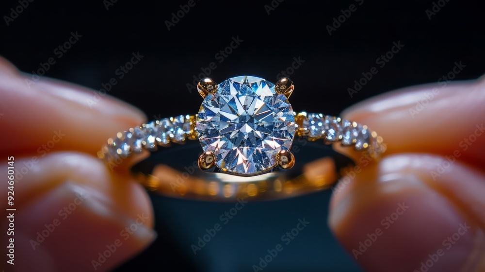 The exquisite diamond ring shines brightly as it is delicately held between two hands, showcasing its intricate design and brilliance The exquisite diamond ring shines brightly as it is delicately held between two hands, showcasing its intricate design and brilliance