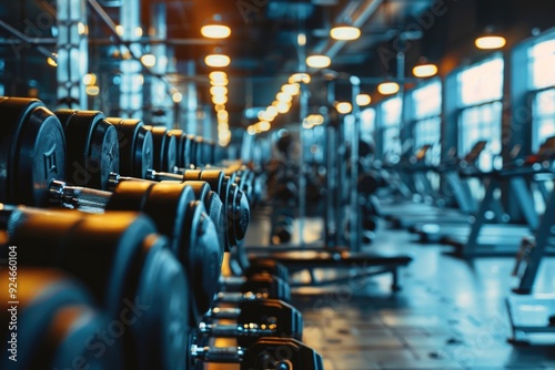 Rows of exercise machines and free weights in a modern gym setting