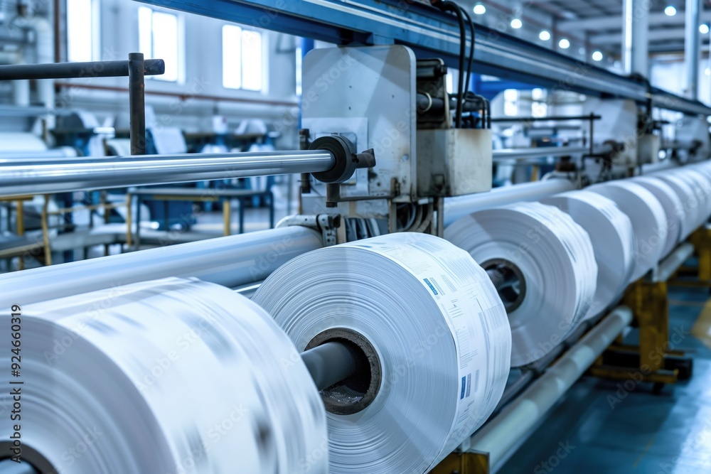 Industrial paper production line with large rolls of paper in a manufacturing facility. Concepts of manufacturing, industrial machinery, and production efficiency.