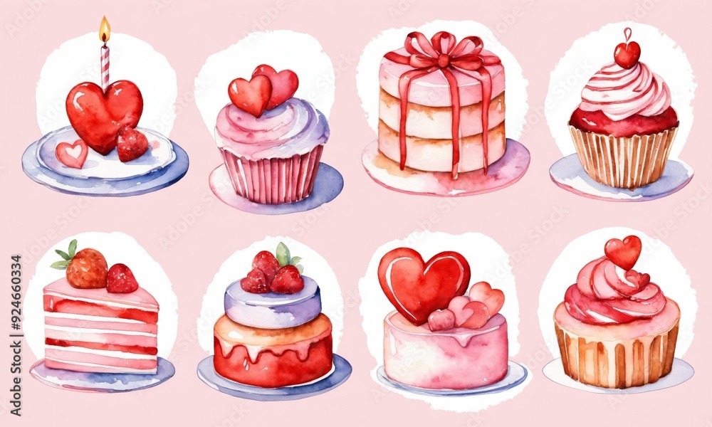 Watercolor illustration of a heart-shaped cake with a candle Watercolor illustration of a heart-shaped cake with a candle