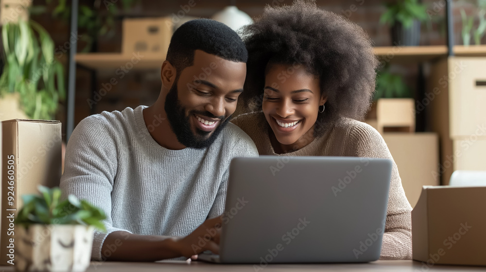 A couple browsing a website for home decor ideas on a laptop with moving boxes in the background A couple browsing a website for home decor ideas on a laptop with moving boxes in the background