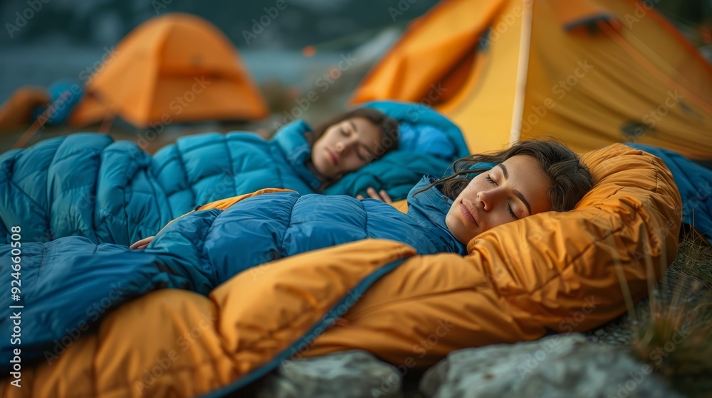 Fototapeta premium Two individuals sleep soundly in vibrant orange and blue sleeping bags by a tranquil lakeside campsite surrounded by rugged nature