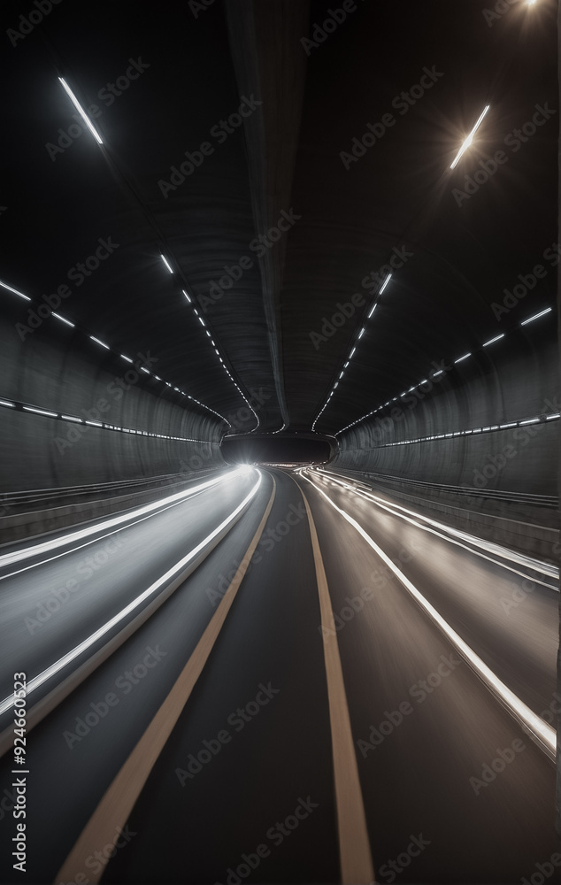 Blurred rays of light from cars passing along through the tunnel. View from above. Scenery. Blurred rays of light from cars passing along through the tunnel. View from above. Scenery.