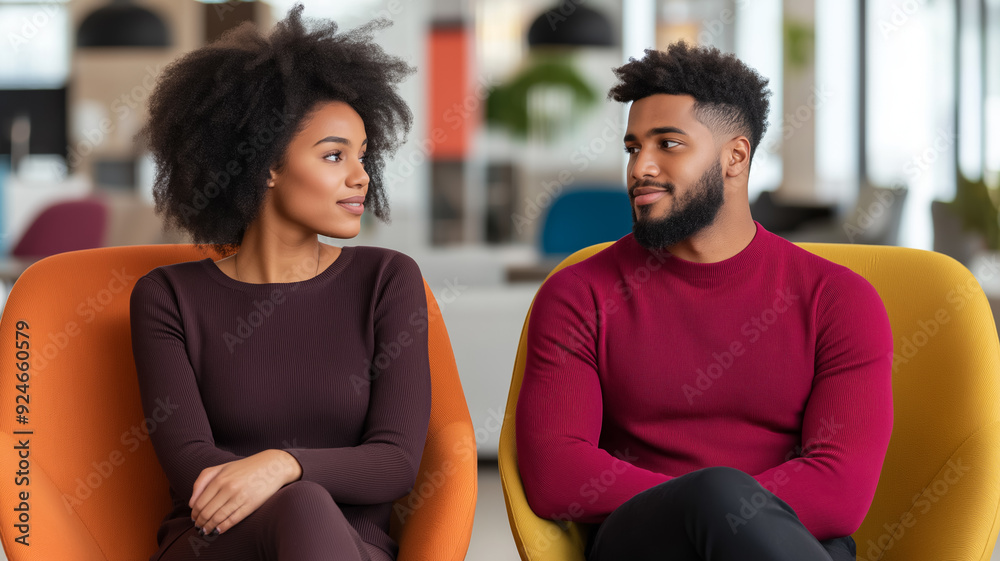 A couple debating over two different chair styles in a contemporary furniture store both looking thoughtful 