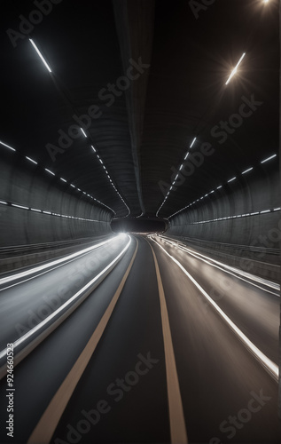 Blurred rays of light from cars passing along through the tunnel. View from above. Scenery.