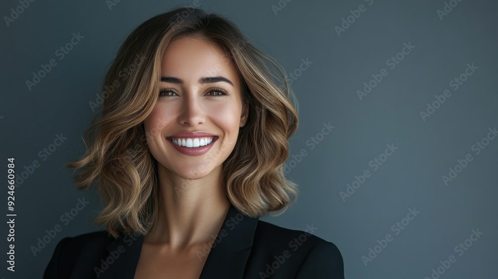Businesswoman in her 30s poses in a formal outfit, exuding confidence against a crisp white office backdrop.