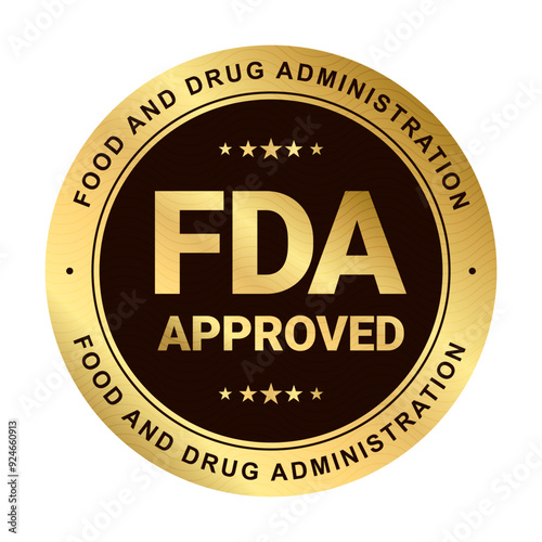 FDA Aprroved label, Food And Drug Administration Gold and black Round Circle sticker Badge with stars for use to your product, realistic tag ready for print