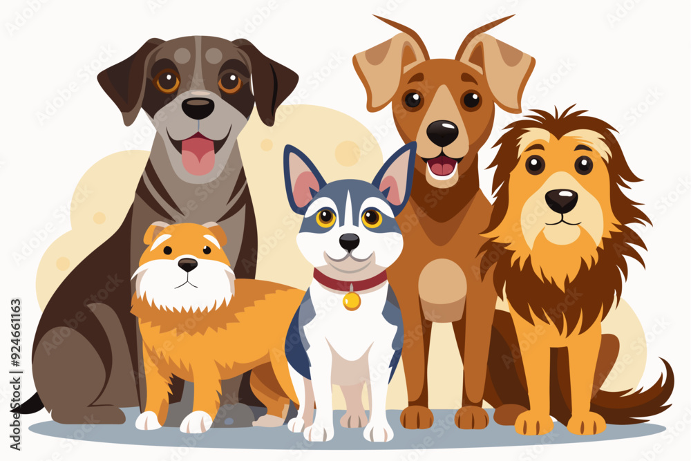 Obraz premium A Group of Five Cartoon Dogs Sitting Together
