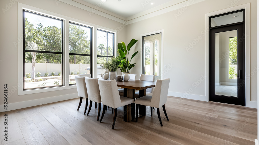Fototapeta premium A dining area with wood look tile flooring a modern wooden table and large windows letting in natural light creating a stylish and functional space 