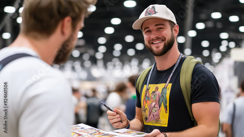 A fan meeting their favorite comic artist at a convention booth getting an autograph and chatting excitedly 