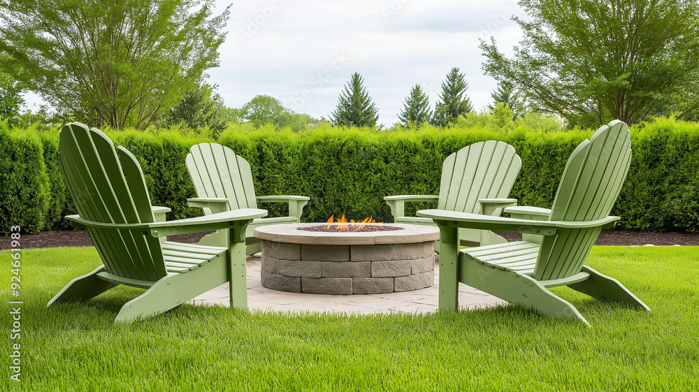 A garden with sage green Adirondack chairs around a fire pit cozy and inviting for evening gatherings A garden with sage green Adirondack chairs around a fire pit cozy and inviting for evening gatherings