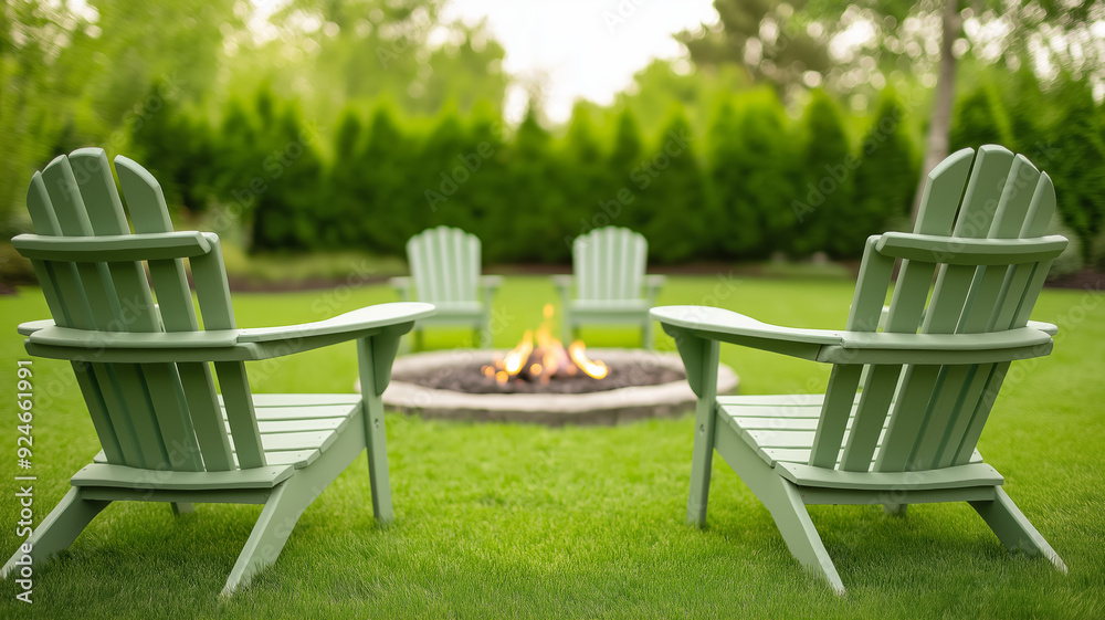 A garden with sage green Adirondack chairs around a fire pit cozy and inviting for evening gatherings A garden with sage green Adirondack chairs around a fire pit cozy and inviting for evening gatherings