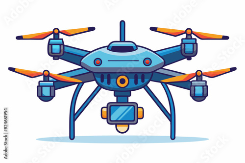 Blue and Orange Drone with Four Propellers and Camera