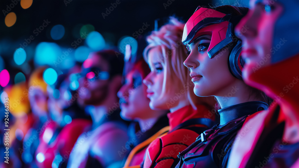 A group of cosplayers participating in a costume contest on stage showing off their detailed outfits to a cheering crowd 