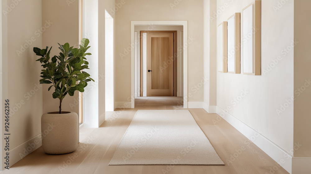 A hallway with Venetian plaster walls in a light airy shade simple decor and a runner rug creating an elegant entrance A hallway with Venetian plaster walls in a light airy shade simple decor and a runner rug creating an elegant entrance