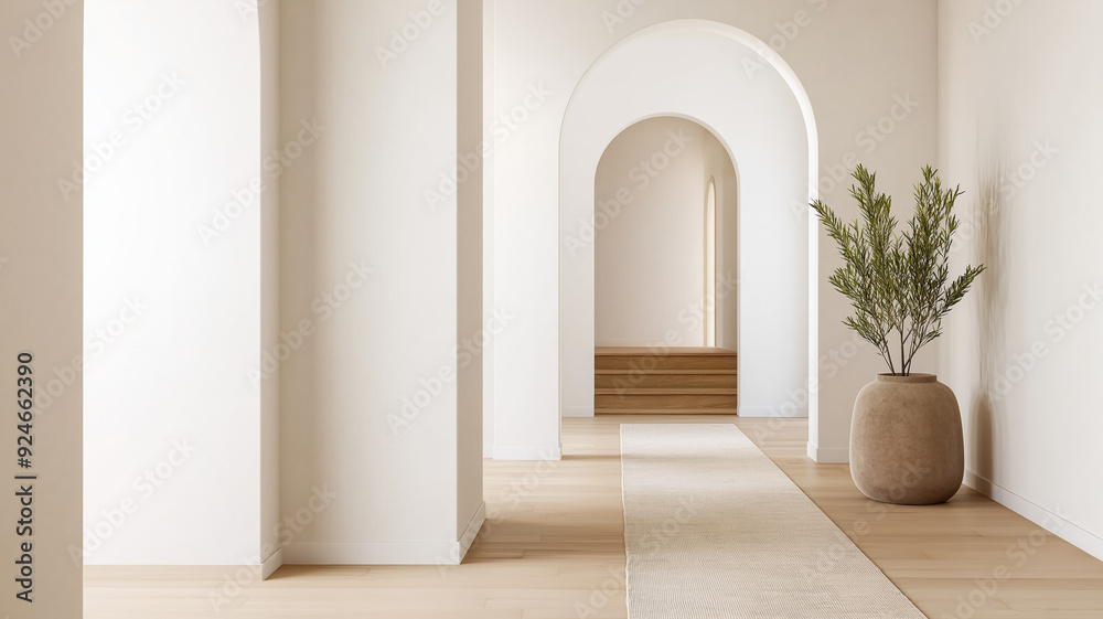 A hallway with Venetian plaster walls in a light airy shade simple decor and a runner rug creating an elegant entrance A hallway with Venetian plaster walls in a light airy shade simple decor and a runner rug creating an elegant entrance