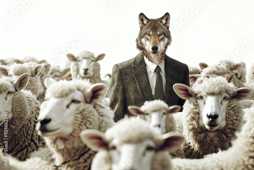 A wolf in a business attire blends in with a flock of sheep, highlighting the theme of conformity and blending in