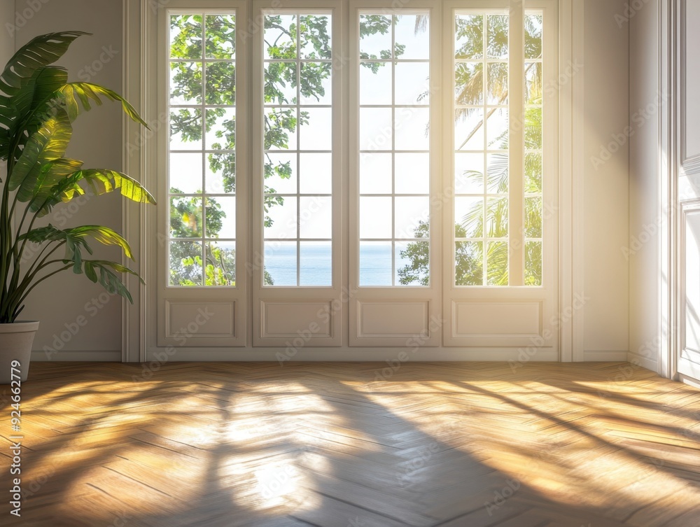 Fototapeta premium A large window in a room with a view of the ocean
