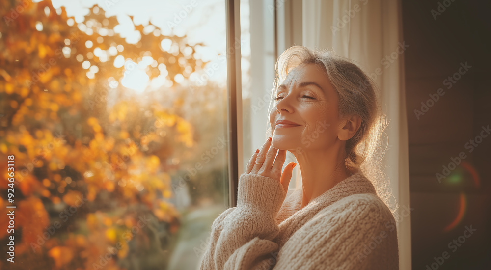 Obraz premium Elegant Senior Woman Embracing Autumn Beauty by the Window