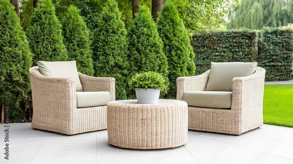A patio set with sage green cushions a round table and potted plants creating a cozy outdoor dining area A patio set with sage green cushions a round table and potted plants creating a cozy outdoor dining area