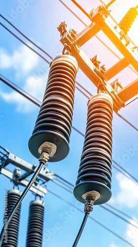 Close-up view of high-voltage power lines with detailed insulators against a bright sky