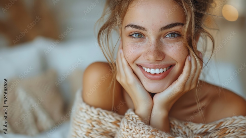 A young woman with freckles smiles gently, resting her hands on her face, surrounded by a softly lit indoor environment A young woman with freckles smiles gently, resting her hands on her face, surrounded by a softly lit indoor environment