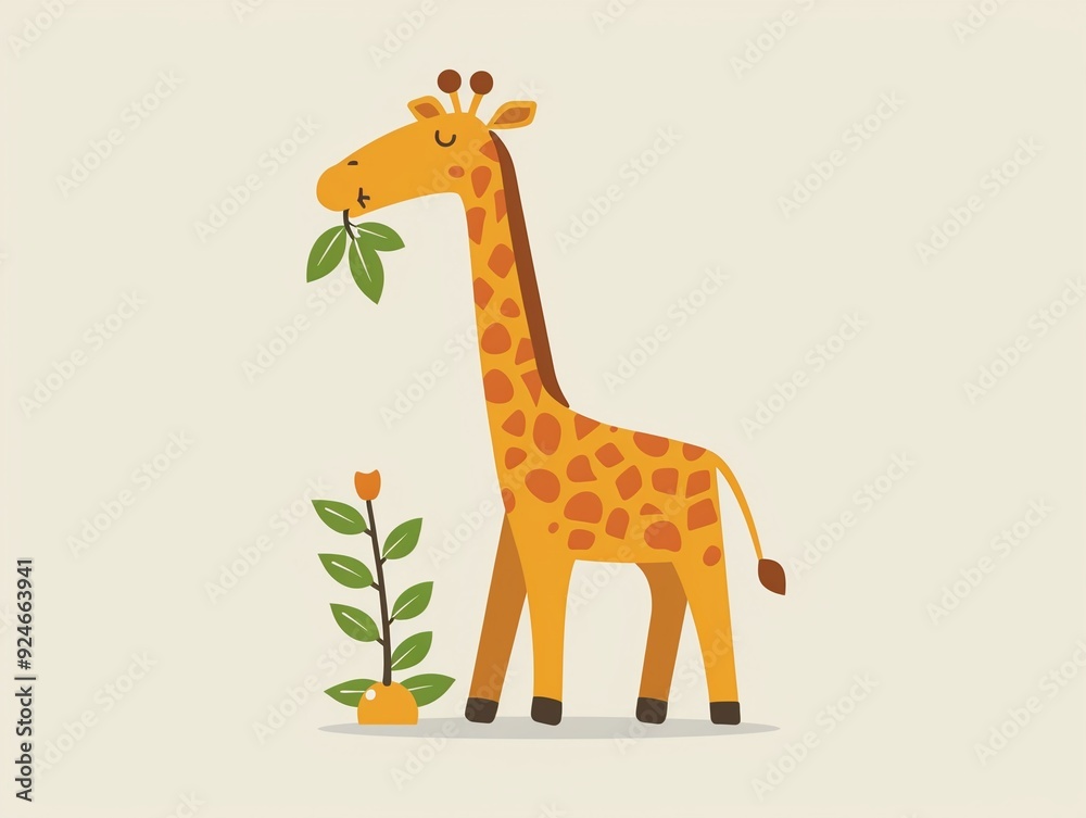 Obraz premium Friendly giraffe standing with leaves in mouth clipart, flat art, simple cartoon 2D emblem