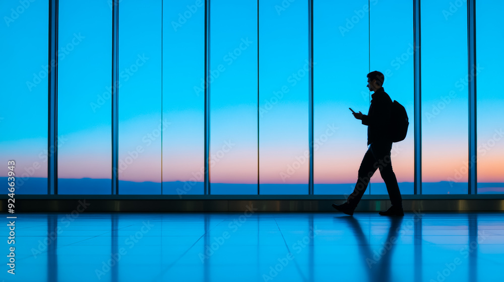 Fototapeta premium A solo traveler pacing back and forth in the airport checking their phone repeatedly for updates after a flight cancellation 