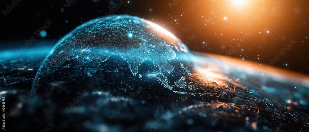 Obraz premium Stunning Digital Rendering of Earth from Space with Glowing Network Connections and Sunlight