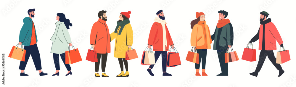Flat vector illustration of happy people shopping with bags of products Flat vector illustration of happy people shopping with bags of products