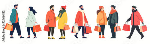 Flat vector illustration of happy people shopping with bags of products
