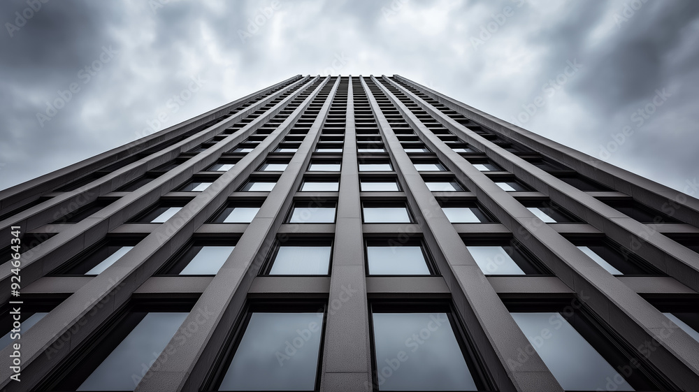 A wide angle view of a towering brutalist concrete building sharp angles and geometric shapes standing out against a cloudy sky A wide angle view of a towering brutalist concrete building sharp angles and geometric shapes standing out against a cloudy sky