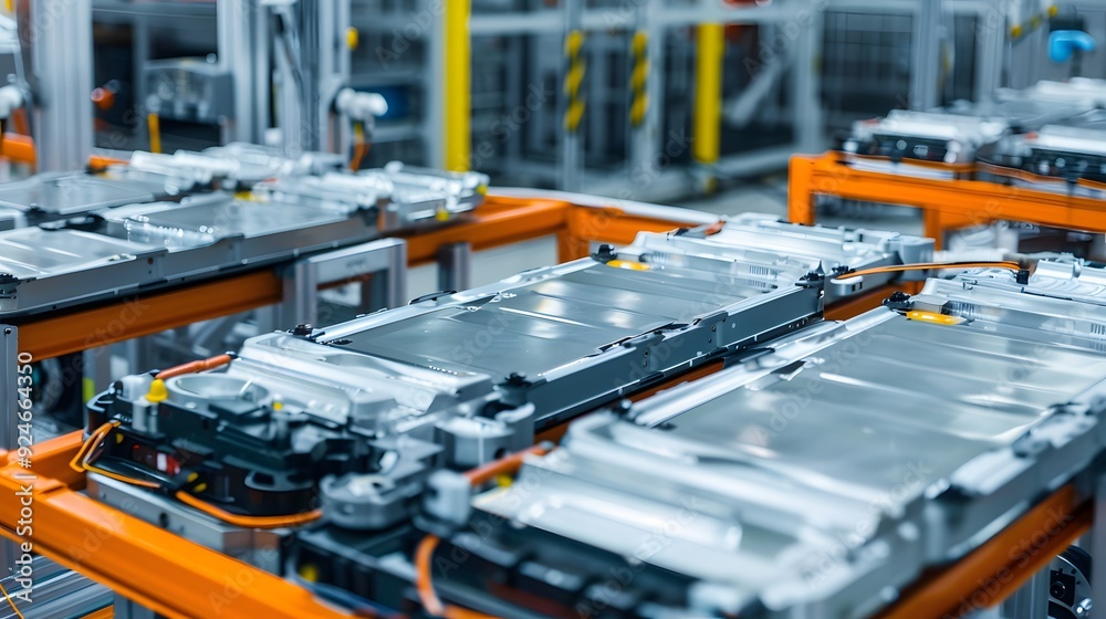 A close-up view of battery packs in a manufacturing facility, showcasing advanced technology and automation in the production process. A close-up view of battery packs in a manufacturing facility, showcasing advanced technology and automation in the production process.