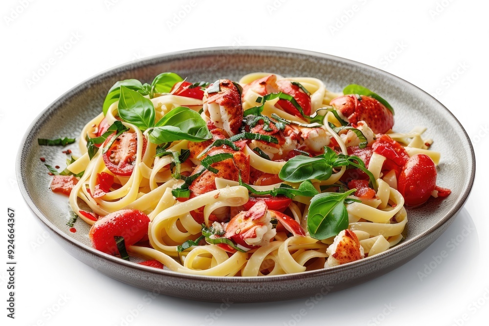 A plate of pasta with lobster, tomatoes, and basil, garnished for a delicious meal. A plate of pasta with lobster, tomatoes, and basil, garnished for a delicious meal.