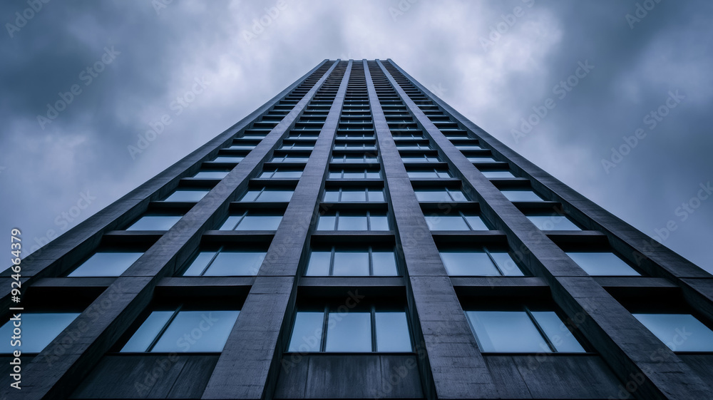 A wide angle view of a towering brutalist concrete building sharp angles and geometric shapes standing out against a cloudy sky A wide angle view of a towering brutalist concrete building sharp angles and geometric shapes standing out against a cloudy sky